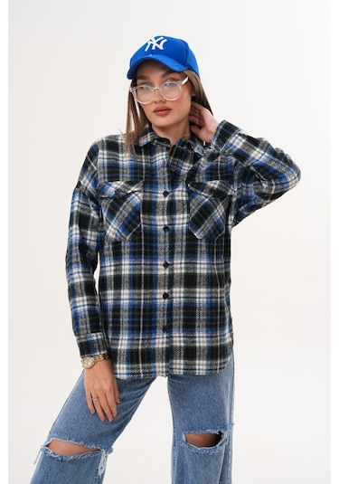 Kadın Desen Bloklu Oduncu Oversize Bol Ve Geniş Kalıp Casual Cepli Yakalı Ceket Gömlek Lacivert