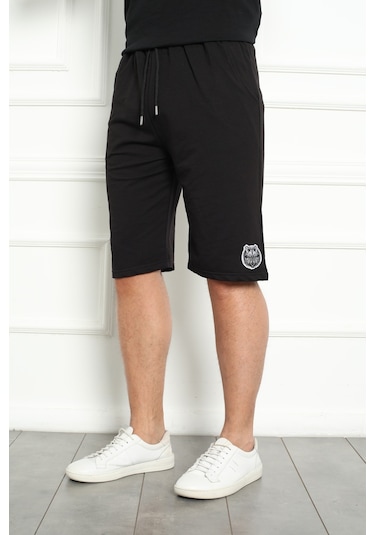 Erkek Şort Bermuda Kurt Armalı Beli Bağcıklı İpli Cepli Büyük Beden Geniş Beden Aralığı Siyah Nıc1067 R19 Siyah