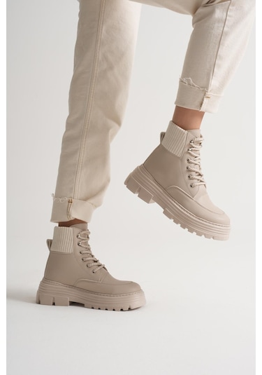 Kalın Eva Taban Boğazı Lastikli Bağcıklı Kadın Bej Bot Tbgzgn505 Bej
