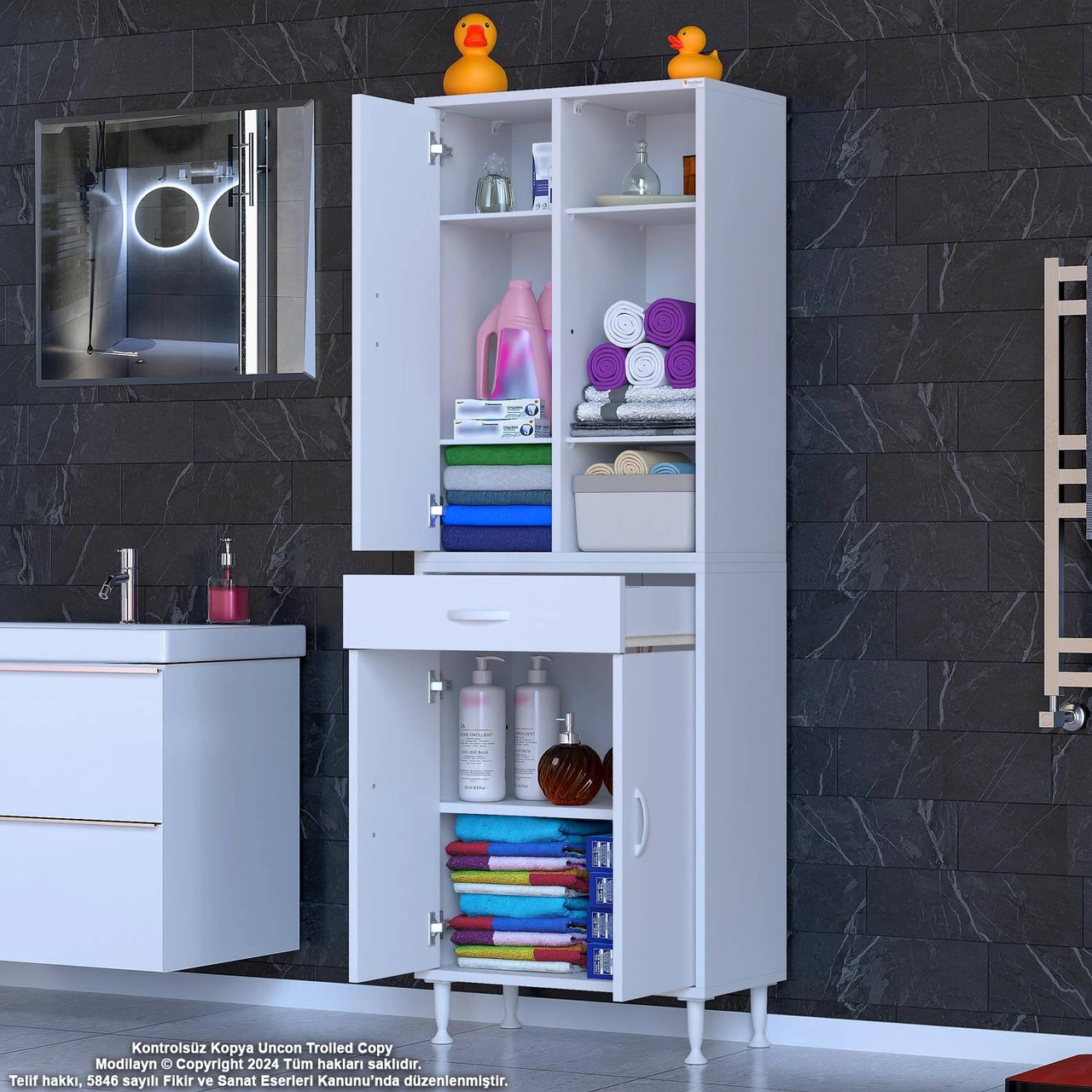 Kayra Banyo Ve Mutfak Dolabı Çok Amaçlı Dolap Tek Çekmece 3 Kapak 5 Raf 8 Bölme 55x173x32,5 Cm Beyaz