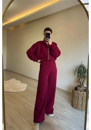 Neşeli Butik Kadın Fermuarlı Oversize Sweat Ve Yüksek Bel Eşofman Takımı Nm018 Bordo