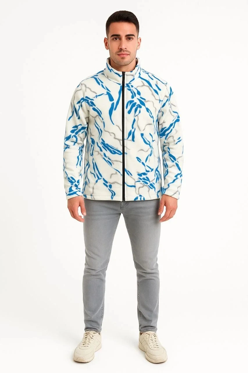 Erkek Tam Fermuarlı Desenli Polar Sweat Lightning Desen Yakalı, Uzun Kollu, Oversize Rahat Kalıp - Beyaz