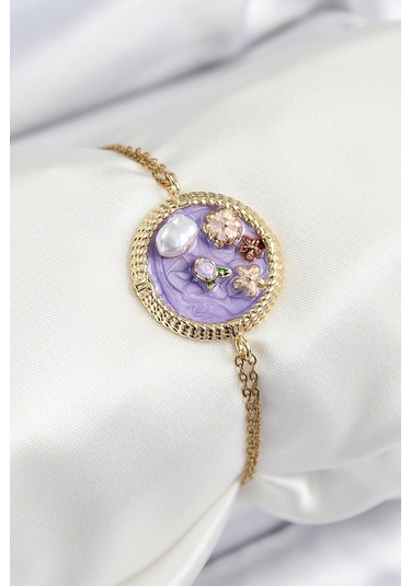 316l Çelik Zincir Mor Mineli Sanatsal Portre İnci Detaylı Çiçek Model Gold Renk Kadın Bileklik - Tj-bb7228 Diğer