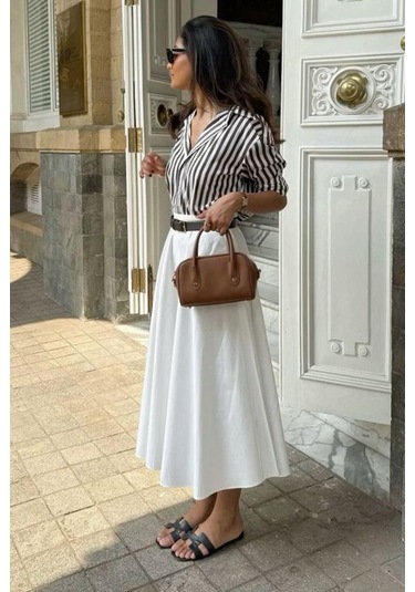 Beyaz Pileli Cepli Kadın Midi Boy Etek Mg2536 Beyaz