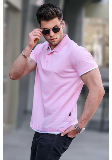 Madmext Pembe Basic Polo Yaka Tişört 5885-Pembe