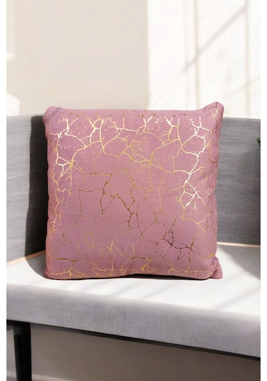 Altın Varak Desenli Dekorafit Tekli Kırlent Kılıfı 42x42 Cm Şık Ve Zarif Tasarım Gül Kurusu