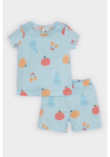 DeFacto Kız Bebek Pijama Takımı Desenli Kısa Kollu Penye Üst Beli Lastikli Şort E9604A525SMBE54 Mavi