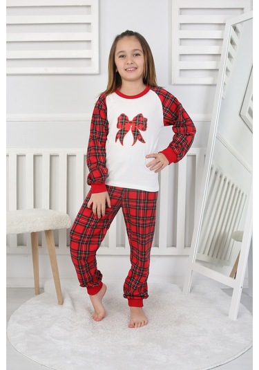 Kız Çocuk Pijama Takımı Papyon Beyaz