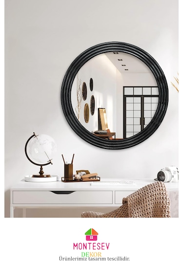 Zümrüt Ahşap Siyah Yuvarlak Ayna Işlemeli Duvar Banyo Aynası 56cm
