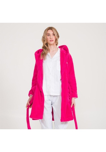 Welsoft Kapüşonlu Peluş Kadın Sabahlık Fuşya