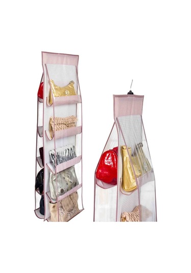 Çanta Saklama Düzenleyici Dolap İçi Çanta Askısı 10 Gözlü Şeffaf Pembe