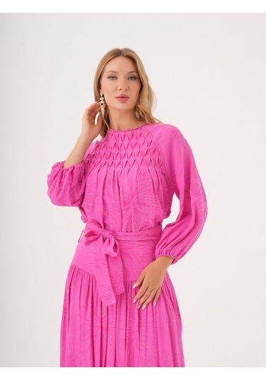 Büzgü Detaylı Kuşaklı Viskon Ve Keten Karışımlı Bluz FUŞYA