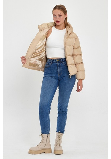 Alisse Kadın Vizon Kapüşonlu Şişme Mont Kaban Vizon