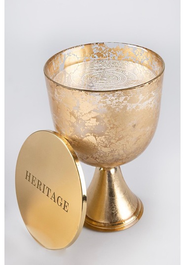 Altın Varak Eskitme Ayaklı Cam Mumluk Kokusuz Mum Yazı Kapaklı Büyük 24.5x15 Cm