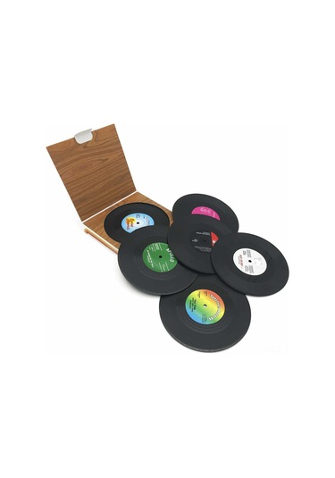 Skycity 6 Adet Retro Vinil Plak Desenli, Kaymazsız, Yıkama Uygun Kahve İçecek Bardağı Tablo Koruyucu Mizahane Seti Diğer