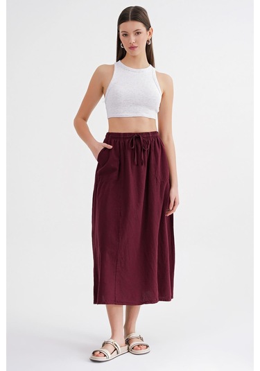 4633 Kadın Yandan Cepli Parçalı Etek Bordo Bordo