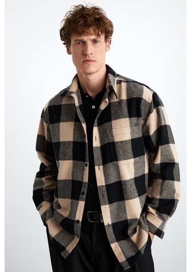 Wıldy Erkek Pamuk-polyester Gömlek Yaka Relaxed Oduncu Bej Gömlek