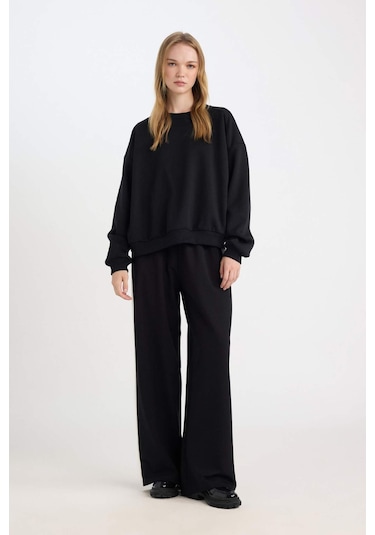 DeFacto Coool Oversize Geniş Kalıp Bisiklet Yaka Basic Düz Kalın Kumaş İçi Yumuşak Tüylü Sweatshirt D9022AXNSBK81 Siyah