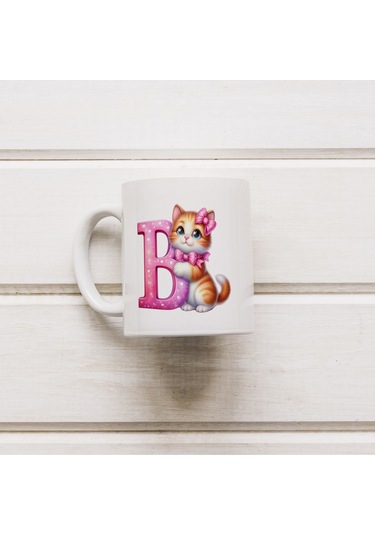 B Harfli Bardak, Sevimli Kedili Pembe Tasarım Bardak, Arkadaşa Aileye Hediye Porselen Beyaz