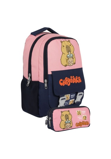 Capybara Kız Çocuk İlkokul Sırt Çantası Ve İki Gözlü Kalemlik Seti - Lacivert - Pembe - Setcpb5203c Çok Renkli