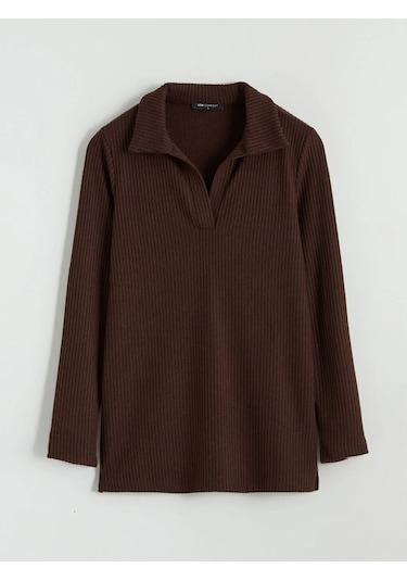 Lc Waikiki Kahverengi Polo Yaka Fitilli Kadın Sweatshirt