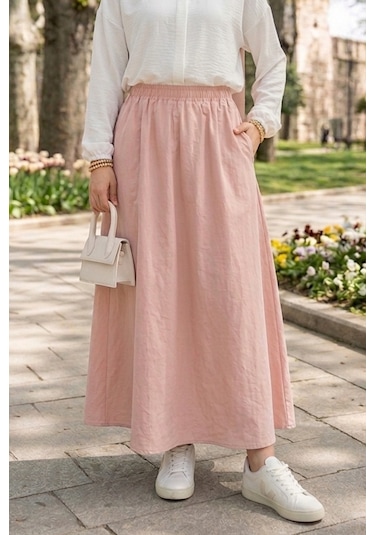 Bestenur Cepli Beli Lastikli Poplin Etek 1727 - Pembe