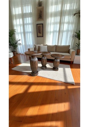 Ceviz Renkli Ahşap Mantar Sehpa Seti 3 Lü Zigon Sehpa Takımı