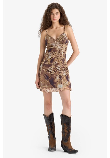 Defacto V Yaka Leopar Desenli Şifon Askılı Mini Elbise F7946ax25smbn341 Kahve