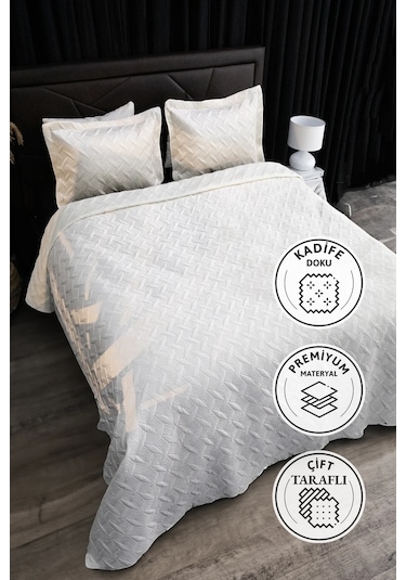 Queen Kadife Çift Kişilik Yatak Örtüsü - Krem