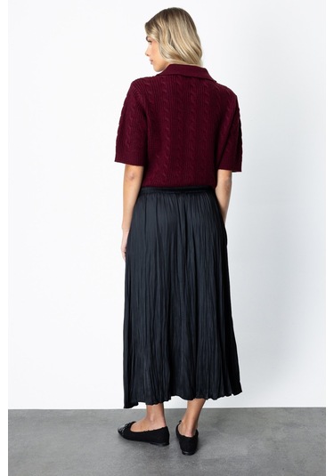 On Kadın Kırışık Görünümlü Midi Etek 64209 Siyah Siyah