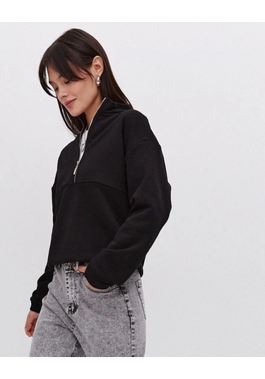 Oversize Yarım Farmuarlı Yakalı Basic Sweatshirt - Siyah Siyah