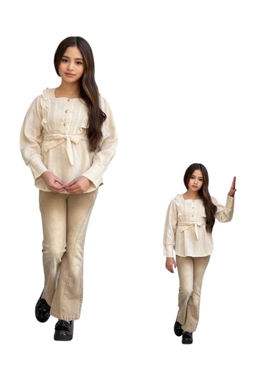 Kız Çocuk Bluzu Fırfırlı Düğme Kapama Kot Pantolonlu İkili Takım Bej