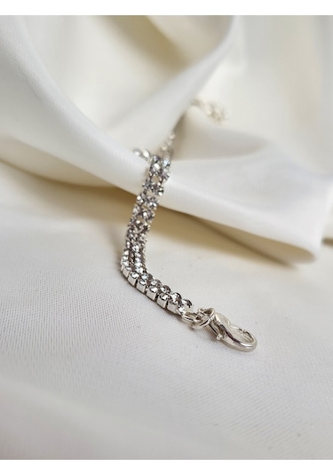 İki Sıralı Kristal Su Yolu Silver Gümüş Renk Bileklk Silver