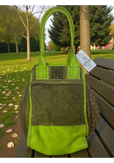Kaliteli Eskitme Organik Vintage Salaş Desenli Günlük Gezi Seyahat Plaj Kadın Omuz El Çantası M Yeşil Kahve