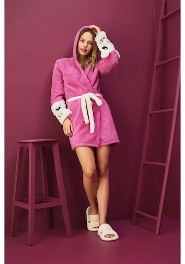Kadın Polar Sabahlık Pijama Üstü Kuşaklı Desenli Sabahlık Cepli Waynap- 1027 Fuşya