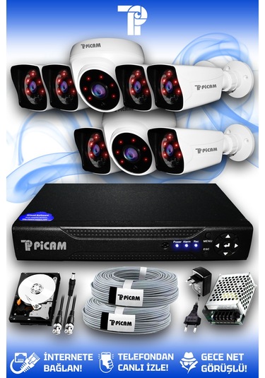 Picam 8 Kameralı Kare 2 İç Kamera Set 320 GB HDD Full HD Gece Görüşlü Güvenlik Kamerası Sistemi