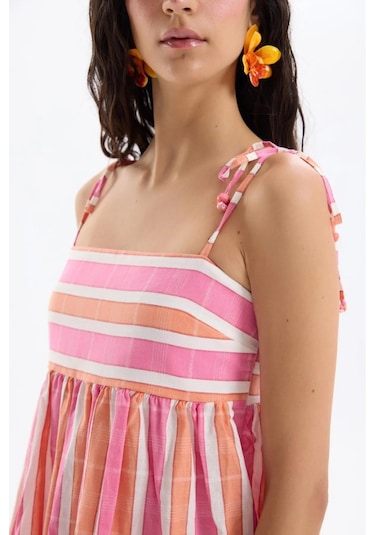 Lolipop Pastel Çizgili Beli Bol Salaş Askılı Rengarenk Yazlık Tatil Pantolon Bluz Takım Pembe