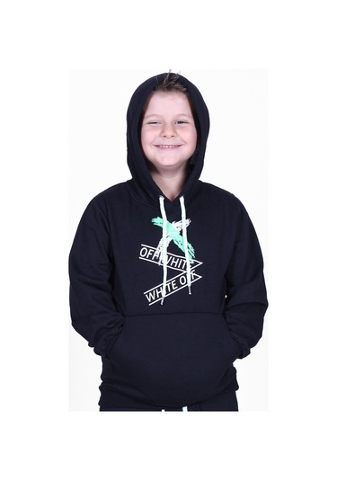 X Baskılı Kanguru Cepli Kapüşonlu Erkek Çocuk Siyah Sweatshirt Siyah