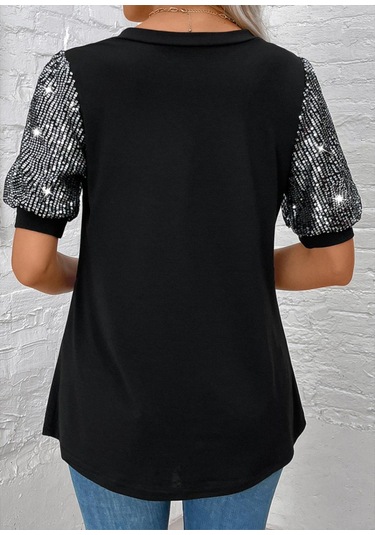 Kadın Kısa Kollu V Yakalı Pul Payet Detaylı Viskon Bluz Siyah