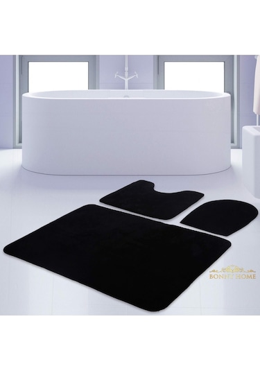 Bonny Home Unicolor Düz Siyah 3lü Banyo Paspası Halısı Seti Kaymaz Siyah