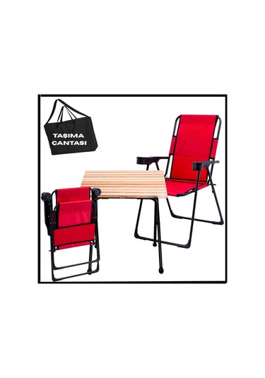 2 Adet Katlanır Kamp Sandalyesi Ve Masa Seti - Rest - Taşıma Çantalı - Kırmızı - 130 K Kırmızı