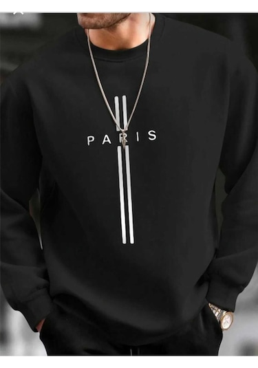 Kozia Outdoors Paris Dikey Baskılı Oversize Unisex O Yaka Sweaşhirt Siyah Siyah