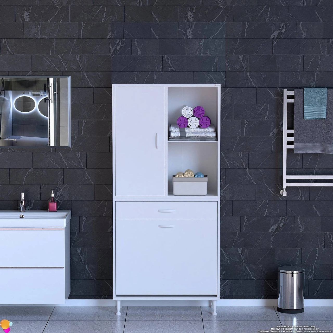 Kayra 1 Çekmece, 2 Göz Sepet, Tek Kapak, 4 Raf Dar Alan Banyo Dolabı 75x173x32,5 Cm Beyaz