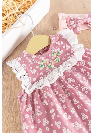 Babymod Çiçek Desenli Bandanalı 3'lü Kız Bebek Elbiseli Takım 001