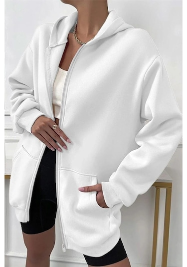 Modagen Unisex Beyaz Pamuk Fermuarlı Oversize Hırka Beyazhrk