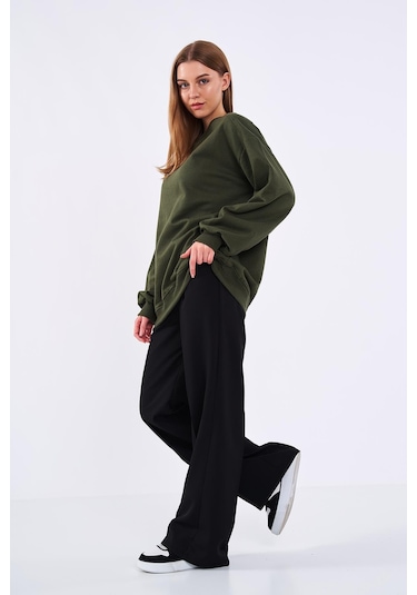 Comeor Haki Kadın Pamuklu Oversize Basic Bisiklet Yaka Sweatshirt 001