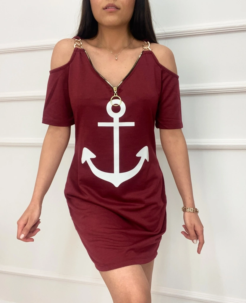 S-pazarım Fermuar Detay Çıpa Baskılı Zincir Askılı Iki Iplik Elbise - Bordo Bordo