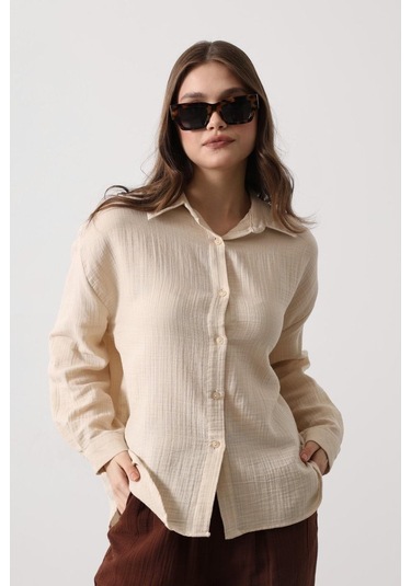 Müslin Uzun Kol Gömlek - Bej Bej