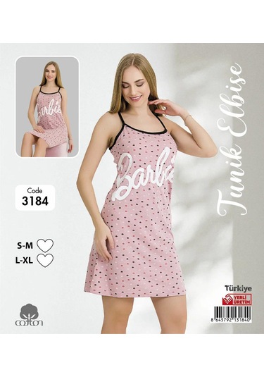 Tunik Kadın Askılı Tunik Elbise - "barbie" Baskılı, Viskon, Yazlık Gecelik Kod: 3184 Pembe