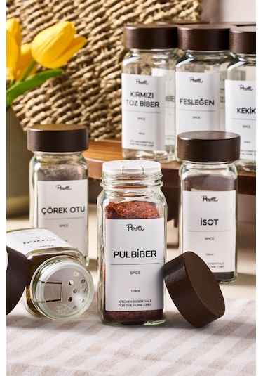 Perotti Raul Woody 12'li Akasya Kapak Baharatlık Seti 120ml + 30 Etiket 16779 Kahverengi